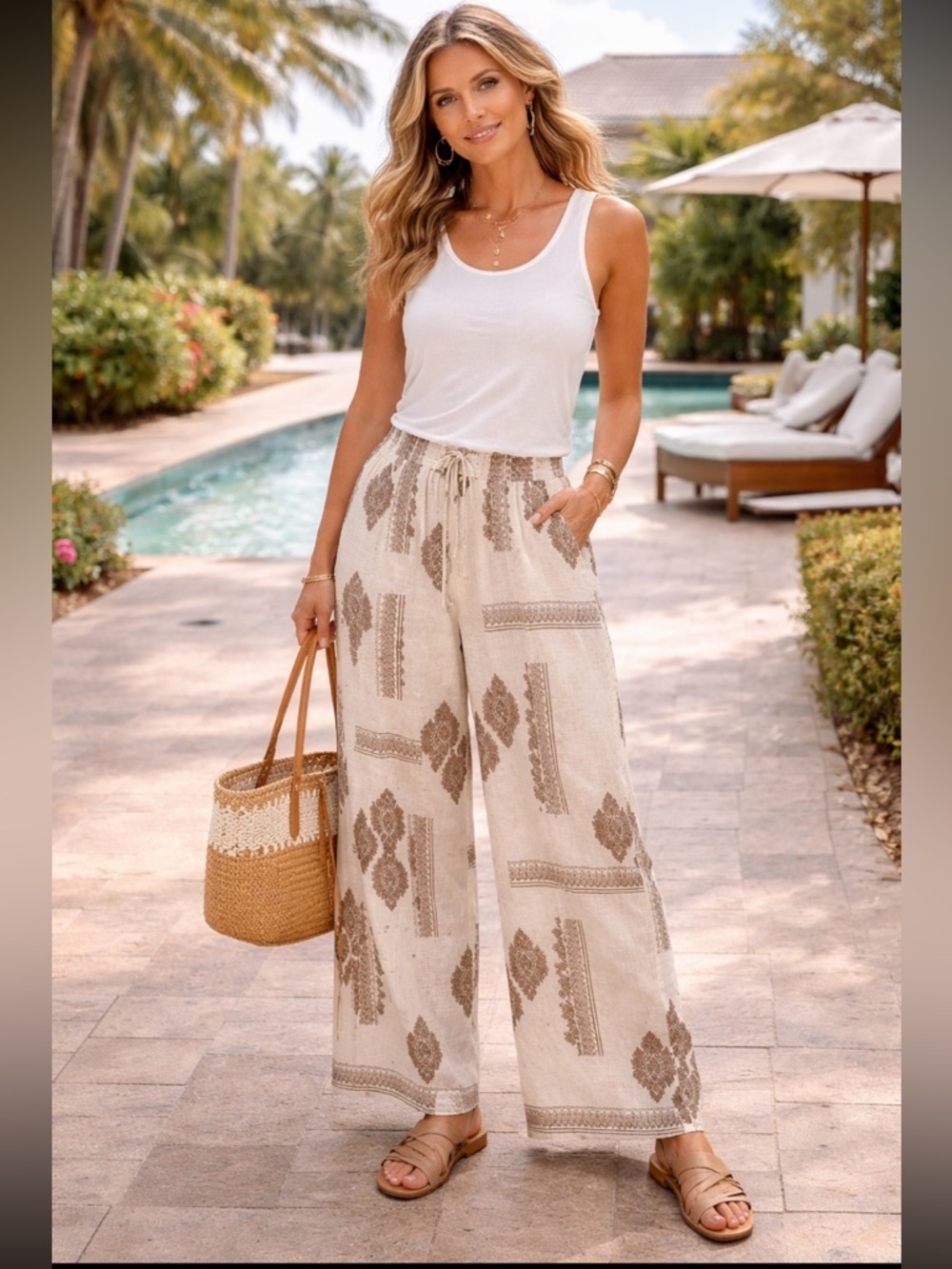 Made in Italy Pure Linen Wide Leg Palazzo Pants Cream Brown Damask Deep Pockets